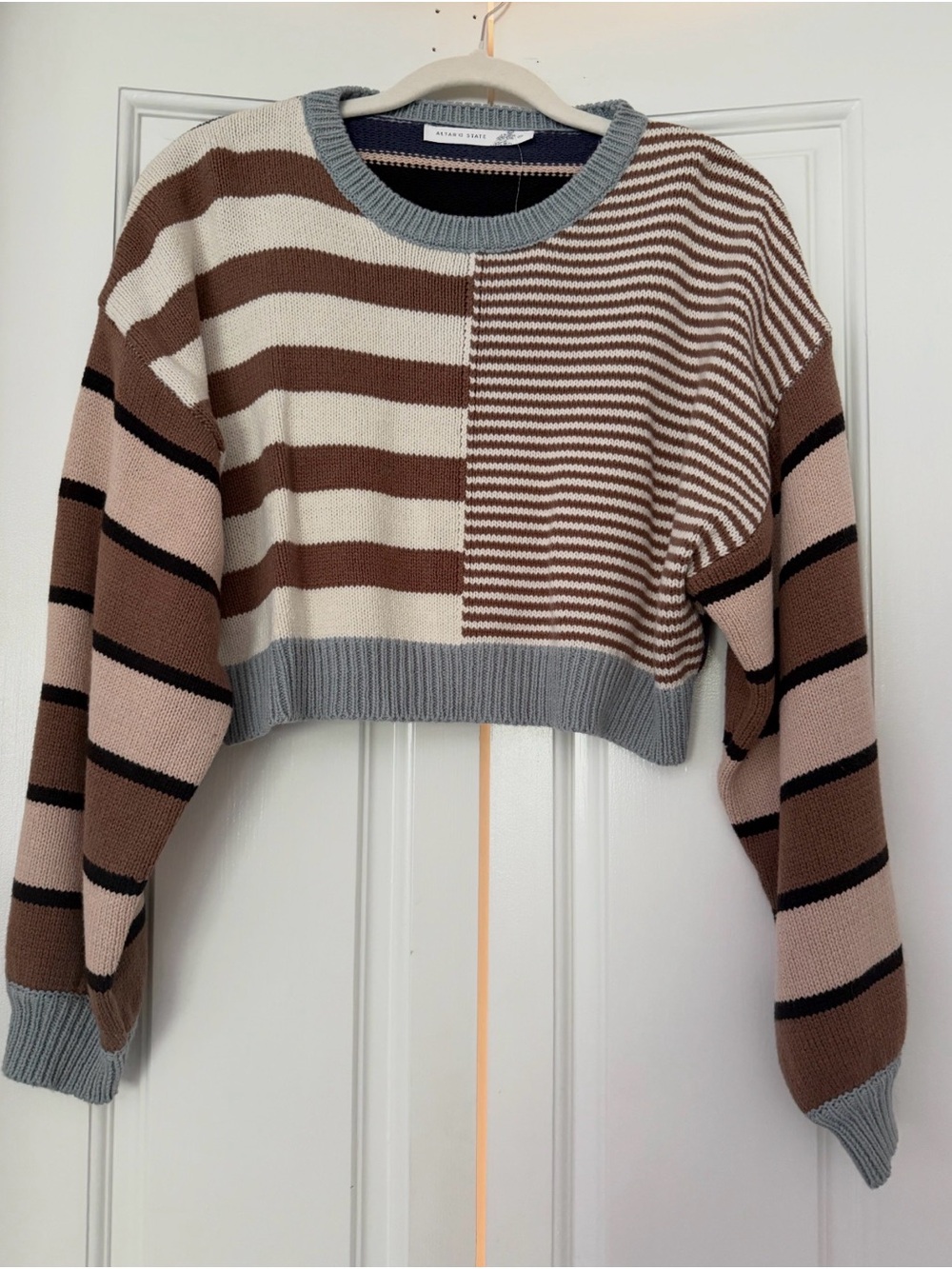 Altar'd State Cropped Striped Crewneck Sweater in Brown, Cream & Pink